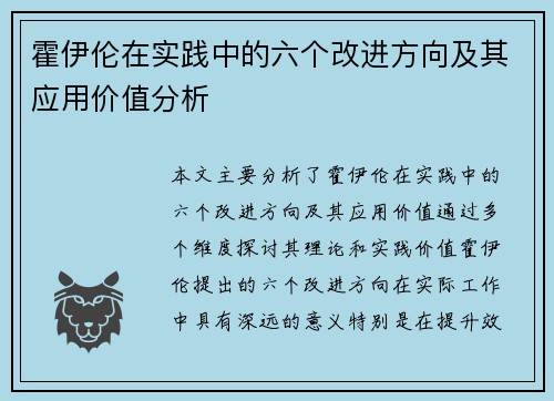 霍伊伦在实践中的六个改进方向及其应用价值分析