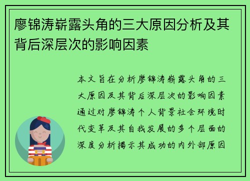 廖锦涛崭露头角的三大原因分析及其背后深层次的影响因素